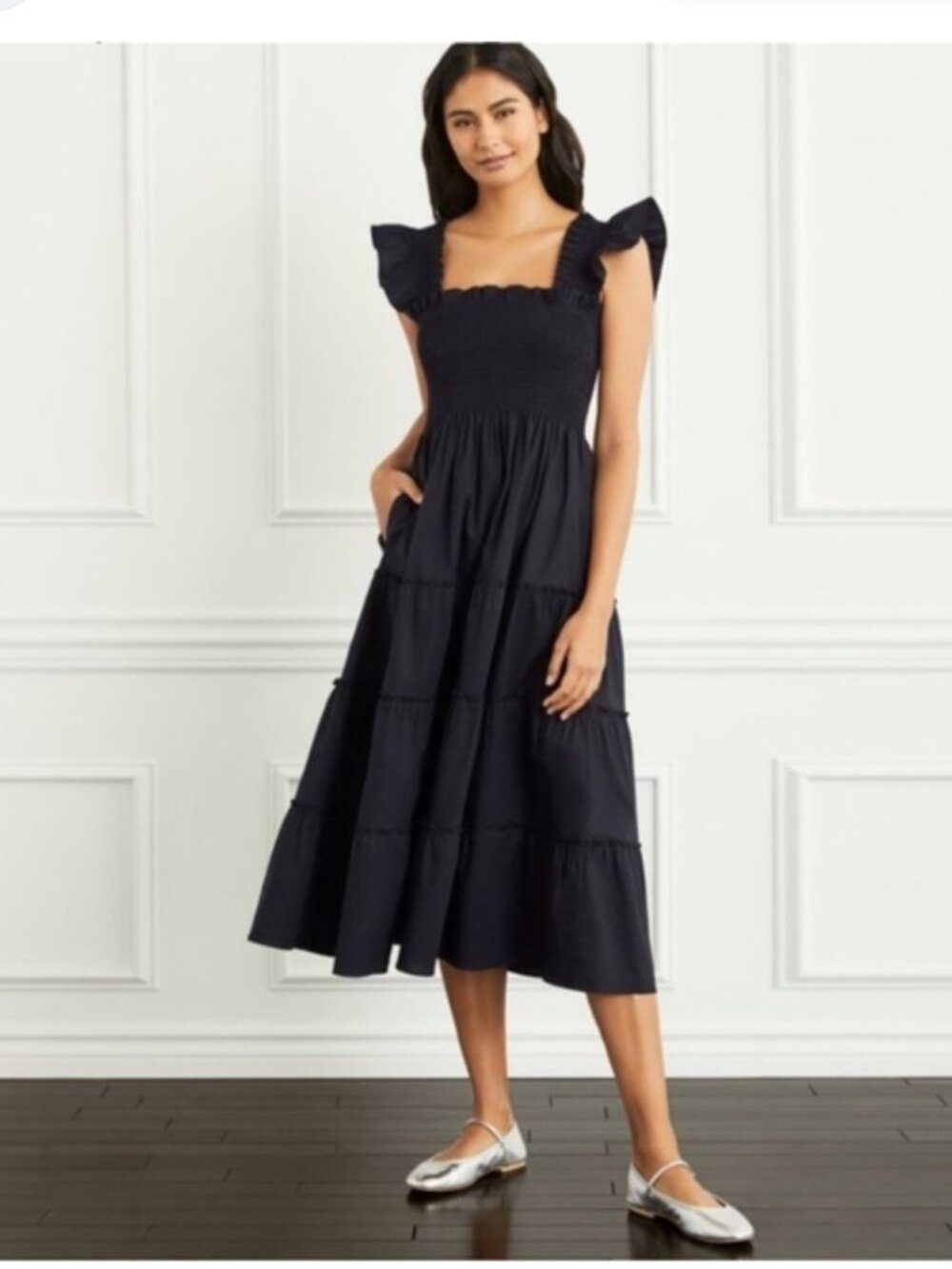 Hill House Home Ellie Nap Dress Black Size M Smocked Tiered Midi Ruffle Pockets - Picture 2 of 9